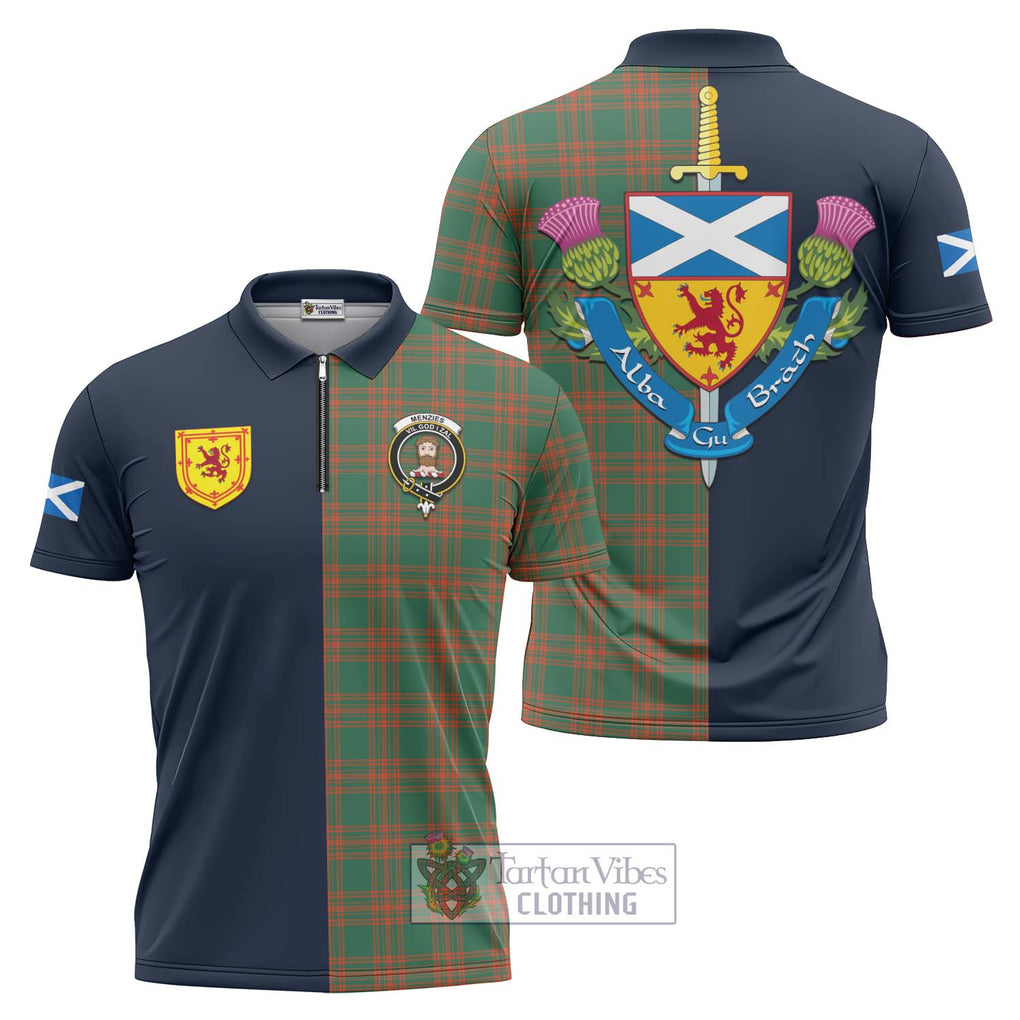 Tartan Vibes Clothing Menzies Green Ancient Tartan Zipper Polo Shirt with Scottish Lion Royal Arm Half Style