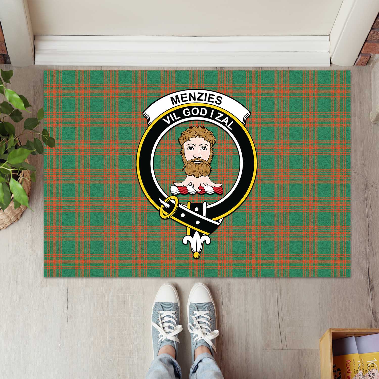 Menzies Green Ancient Tartan Door Mat with Family Crest - Tartanvibesclothing