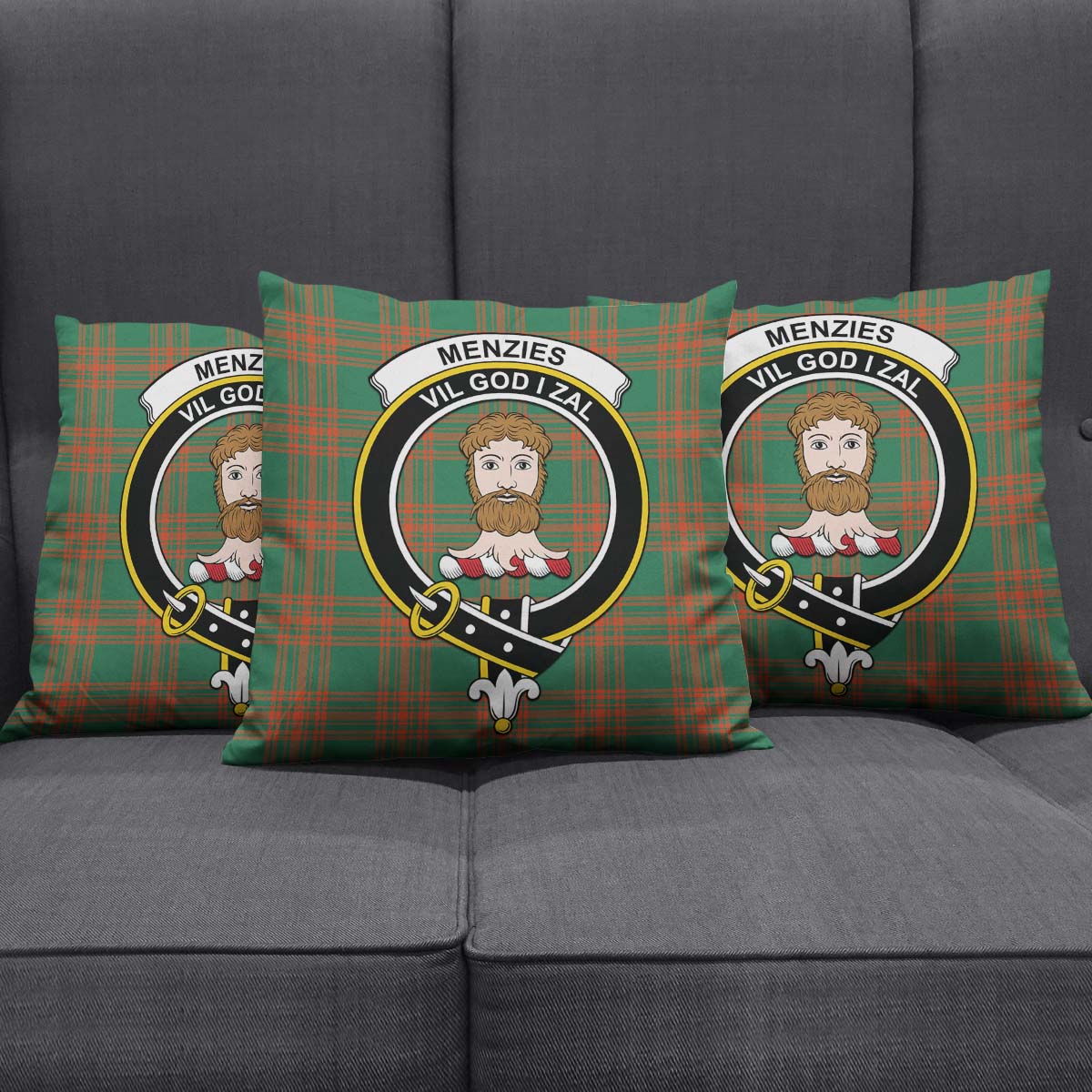 Menzies Green Ancient Tartan Pillow Cover with Family Crest Square Pillow Cover - Tartanvibesclothing