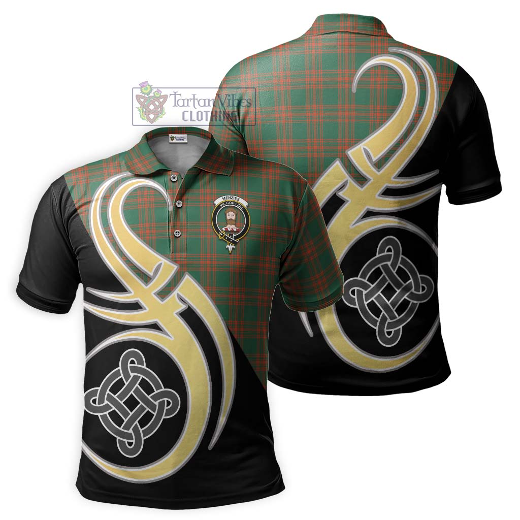 Tartan Vibes Clothing Menzies Green Ancient Tartan Polo Shirt with Family Crest and Celtic Symbol Style