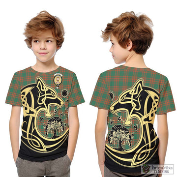 Menzies Green Ancient Tartan Kid T-Shirt with Family Crest Celtic Wolf Style