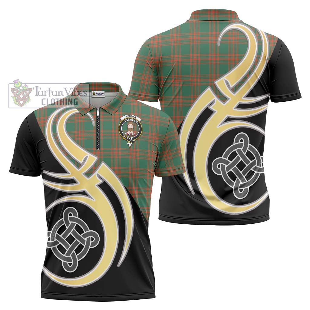 Tartan Vibes Clothing Menzies Green Ancient Tartan Zipper Polo Shirt with Family Crest and Celtic Symbol Style