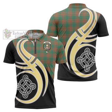 Menzies Green Ancient Tartan Zipper Polo Shirt with Family Crest and Celtic Symbol Style