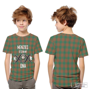 Menzies Green Ancient Tartan Kid T-Shirt with Family Crest DNA In Me Style