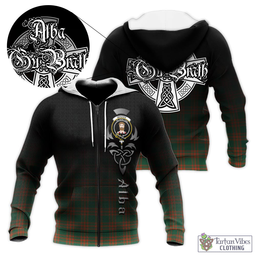 Tartan Vibes Clothing Menzies Green Ancient Tartan Knitted Hoodie Featuring Alba Gu Brath Family Crest Celtic Inspired