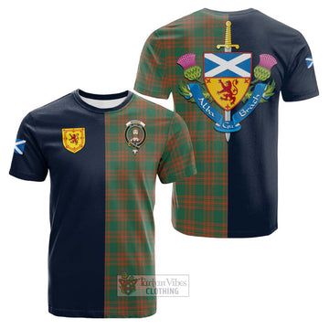 Menzies Green Ancient Tartan Cotton T-shirt Alba with Scottish Lion Royal Arm Half Style