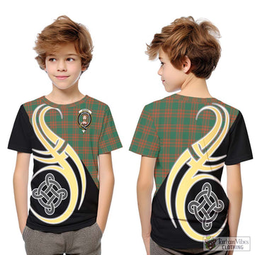 Menzies Green Ancient Tartan Kid T-Shirt with Family Crest and Celtic Symbol Style