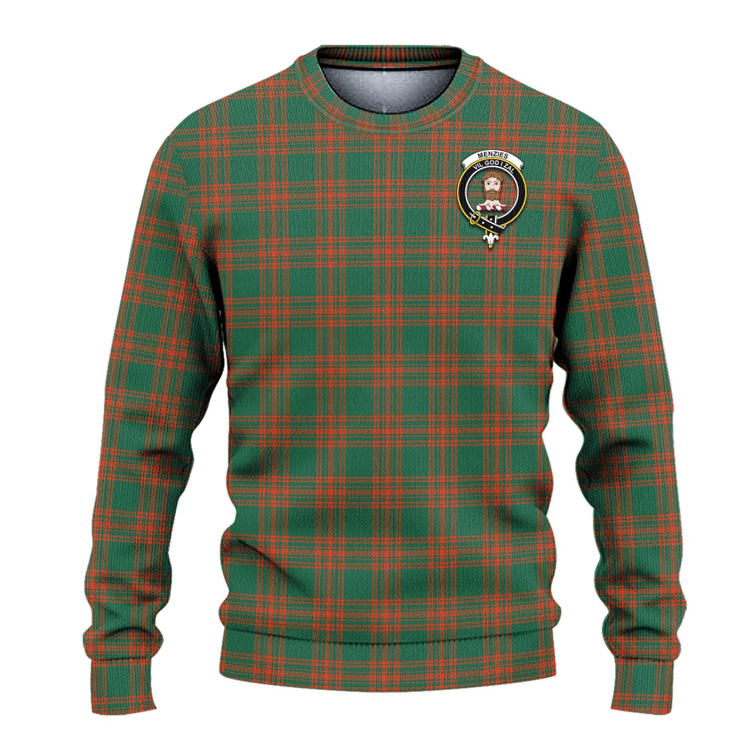 Menzies Green Ancient Tartan Knitted Sweater with Family Crest - Tartanvibesclothing