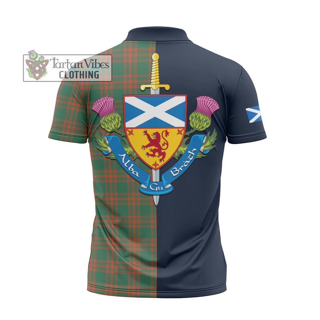 Tartan Vibes Clothing Menzies Green Ancient Tartan Zipper Polo Shirt with Scottish Lion Royal Arm Half Style