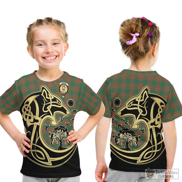 Menzies Green Ancient Tartan Kid T-Shirt with Family Crest Celtic Wolf Style