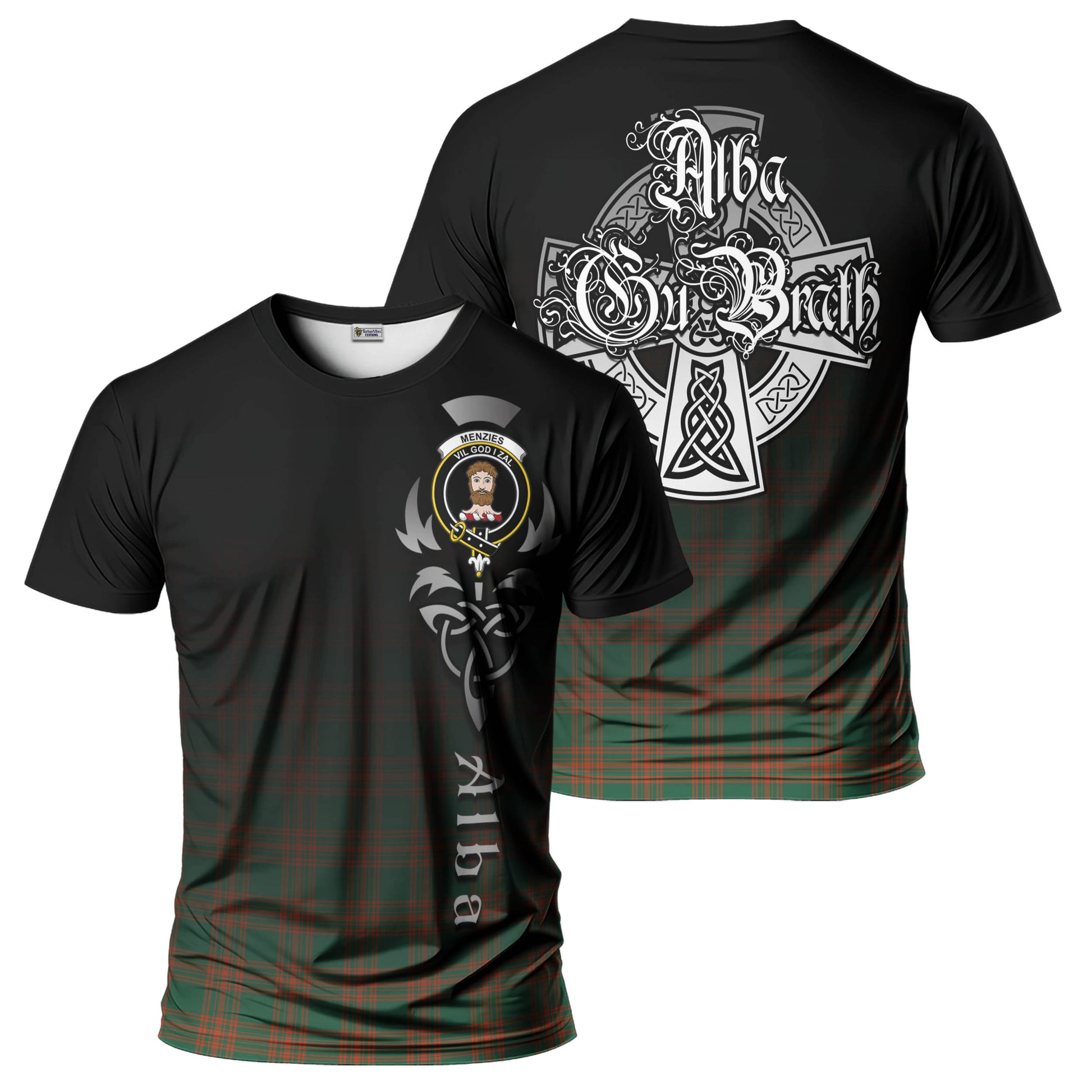 Tartan Vibes Clothing Menzies Green Ancient Tartan T-Shirt Featuring Alba Gu Brath Family Crest Celtic Inspired