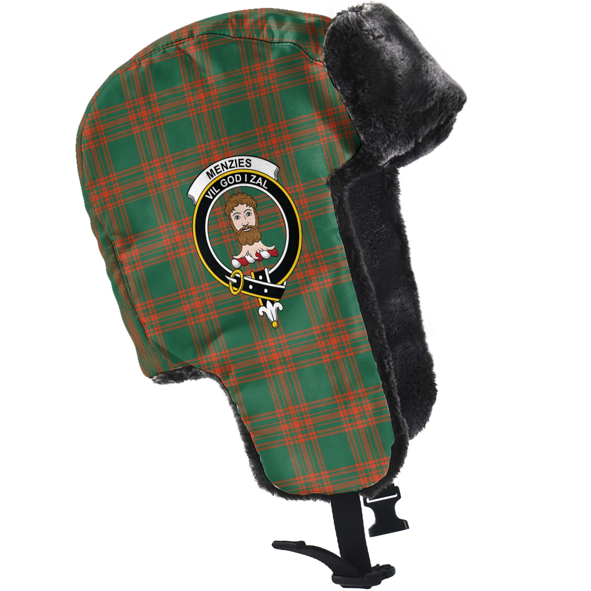 Menzies Green Ancient Tartan Winter Trapper Hat with Family Crest - Tartanvibesclothing