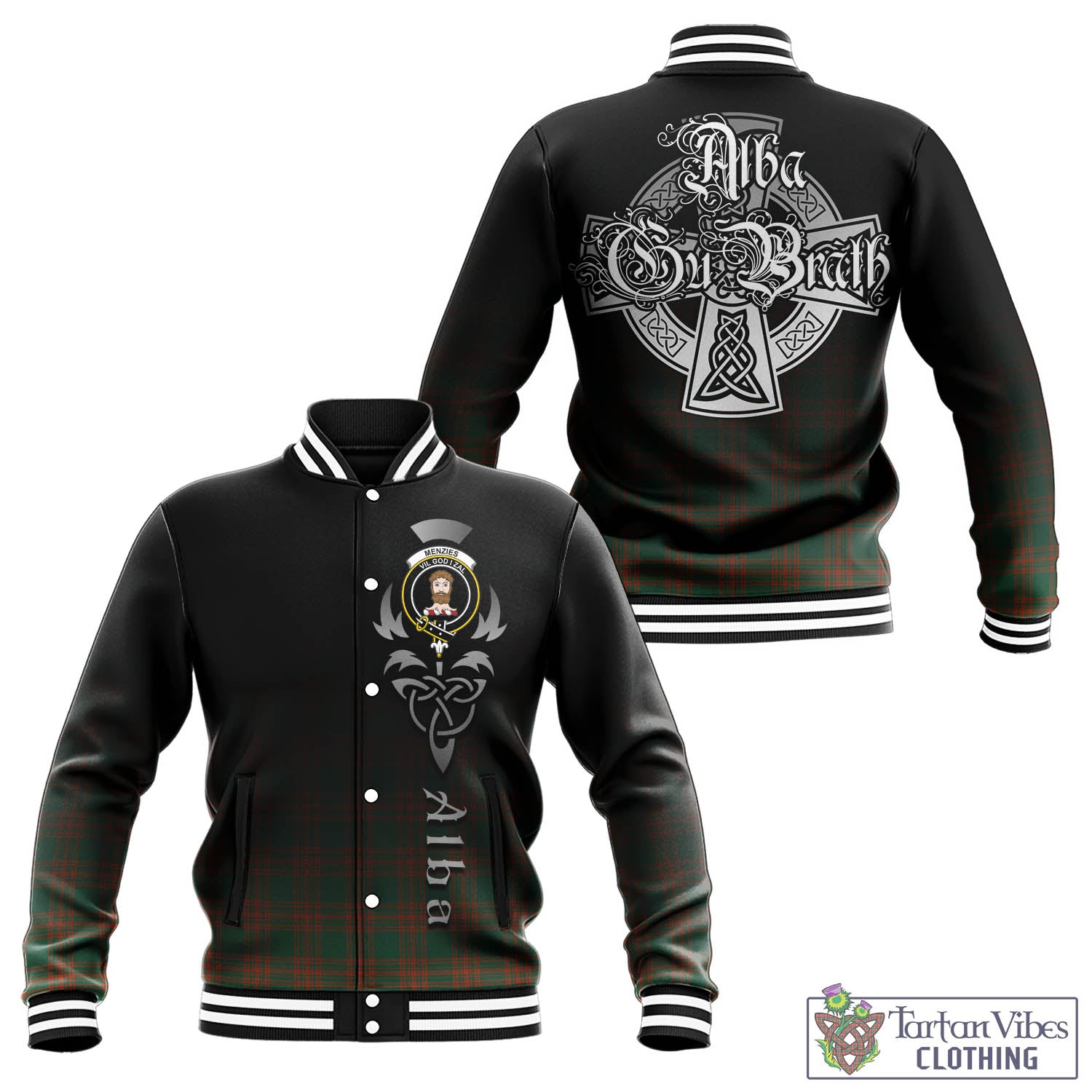 Tartan Vibes Clothing Menzies Green Ancient Tartan Baseball Jacket Featuring Alba Gu Brath Family Crest Celtic Inspired