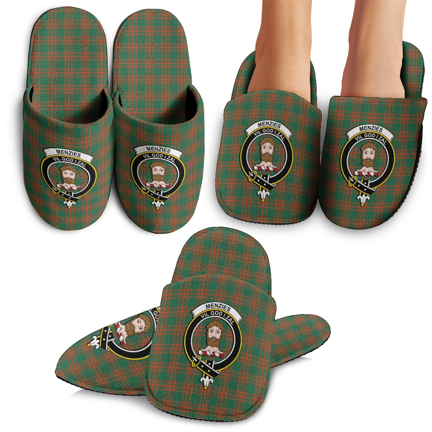 Menzies Green Ancient Tartan Home Slippers with Family Crest - Tartanvibesclothing Shop