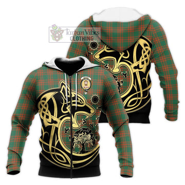 Menzies Green Ancient Tartan Knitted Hoodie with Family Crest Celtic Wolf Style