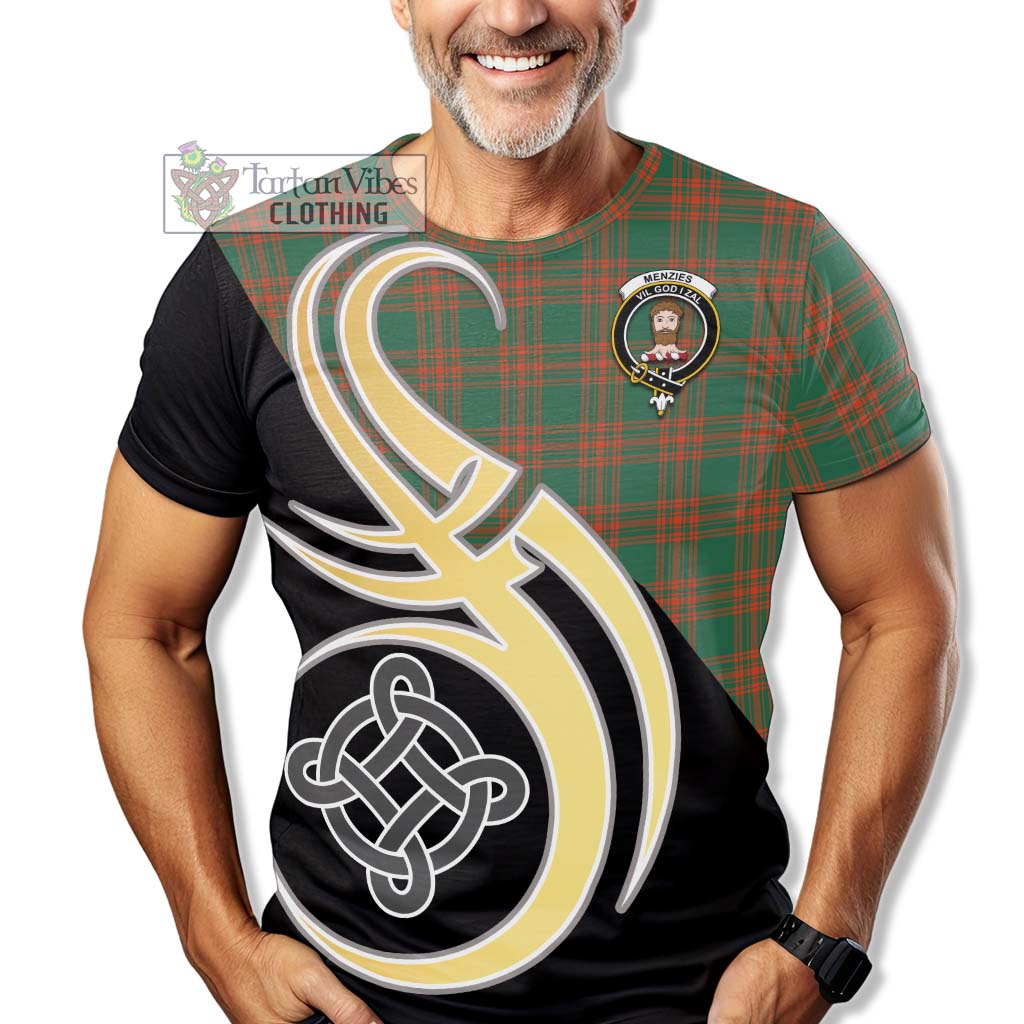 Tartan Vibes Clothing Menzies Green Ancient Tartan T-Shirt with Family Crest and Celtic Symbol Style