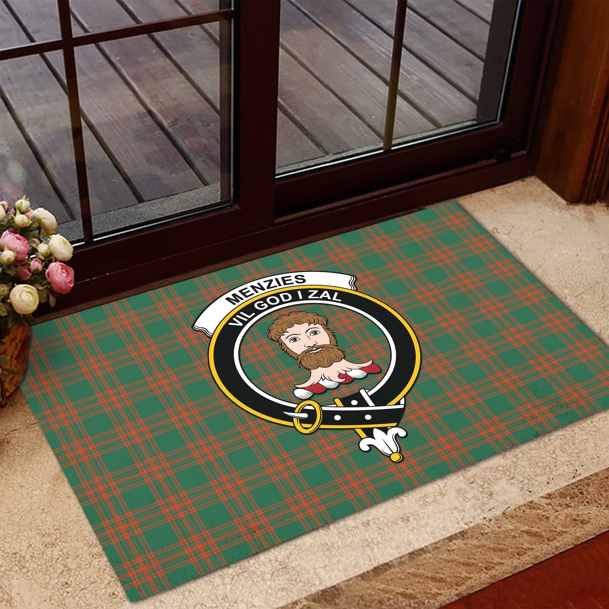 Menzies Green Ancient Tartan Door Mat with Family Crest - Tartanvibesclothing