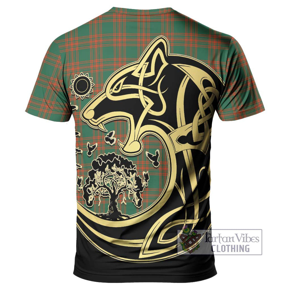 Menzies Green Ancient Tartan T-Shirt with Family Crest Celtic Wolf Style - Tartan Vibes Clothing