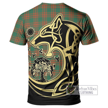 Menzies Green Ancient Tartan T-Shirt with Family Crest Celtic Wolf Style