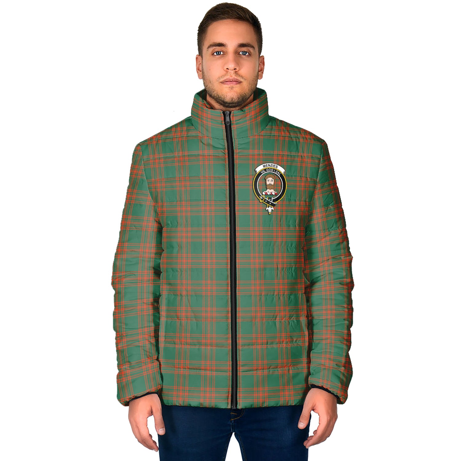 Menzies Green Ancient Tartan Padded Jacket with Family Crest - Tartan Vibes Clothing