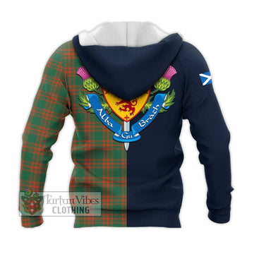 Menzies Green Ancient Tartan Knitted Hoodie Alba with Scottish Lion Royal Arm Half Style