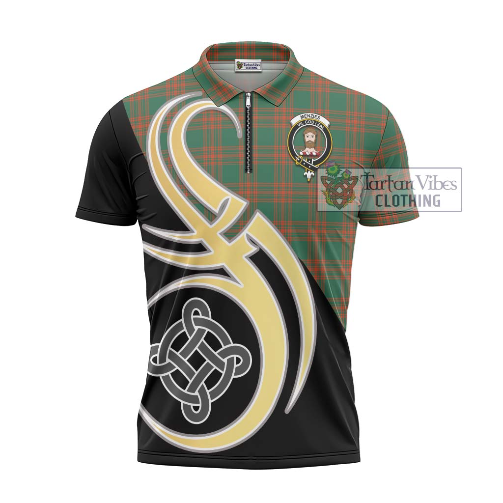 Tartan Vibes Clothing Menzies Green Ancient Tartan Zipper Polo Shirt with Family Crest and Celtic Symbol Style