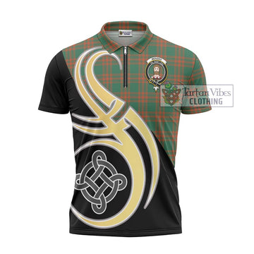 Menzies Green Ancient Tartan Zipper Polo Shirt with Family Crest and Celtic Symbol Style