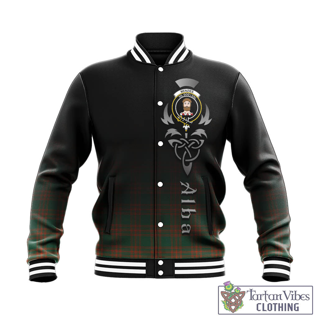 Tartan Vibes Clothing Menzies Green Ancient Tartan Baseball Jacket Featuring Alba Gu Brath Family Crest Celtic Inspired