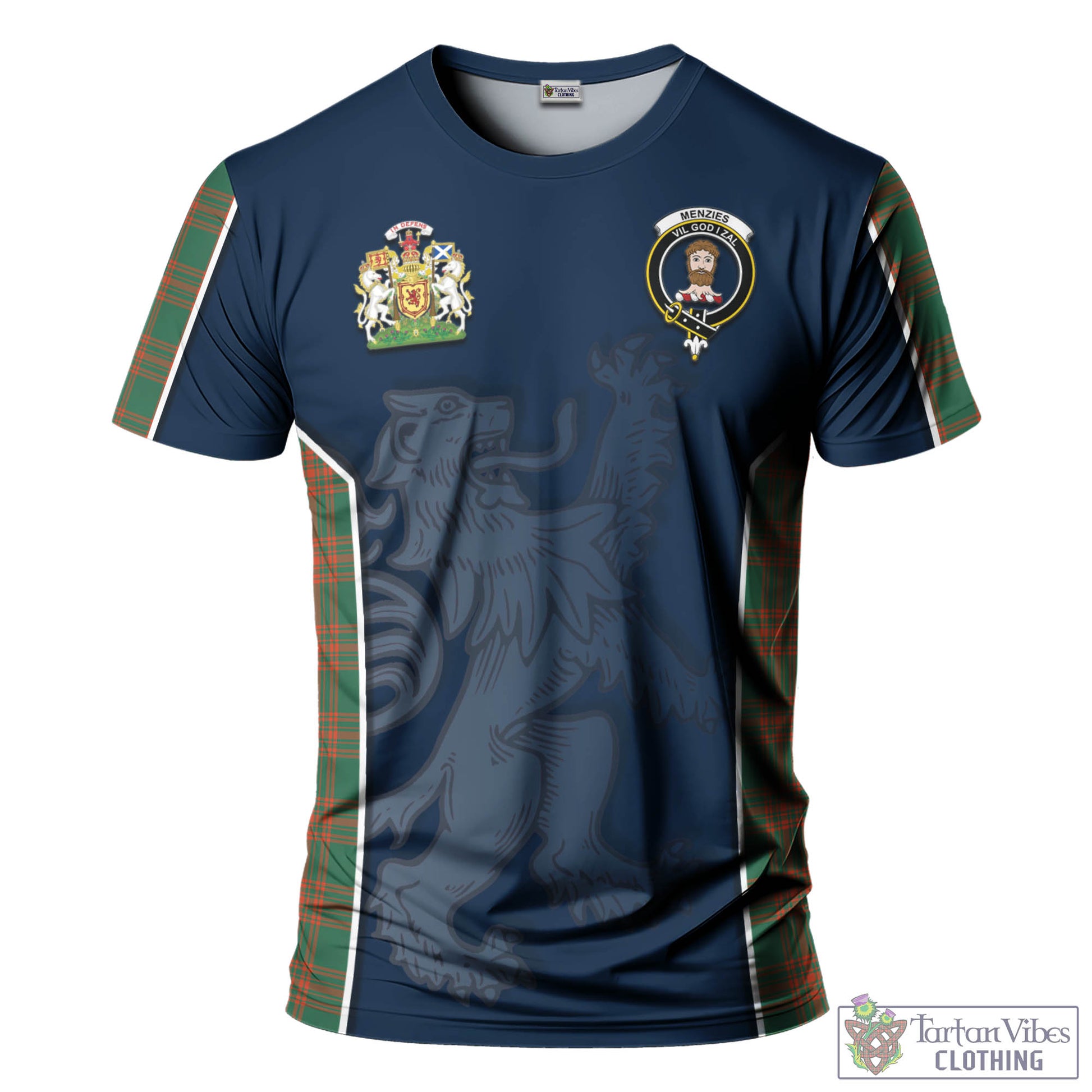 Tartan Vibes Clothing Menzies Green Ancient Tartan T-Shirt with Family Crest and Lion Rampant Vibes Sport Style