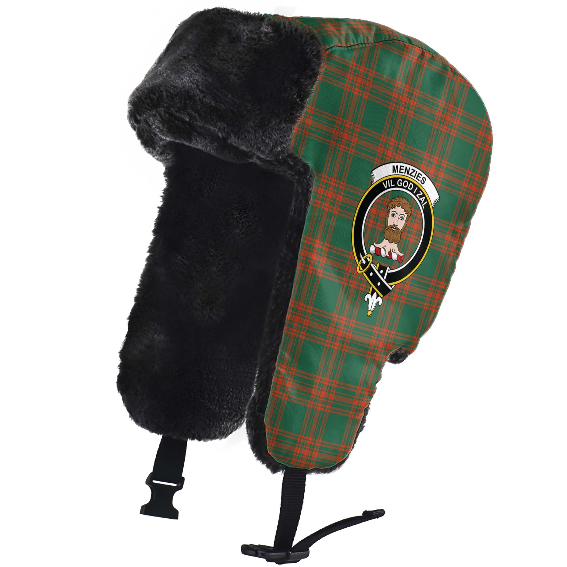 Menzies Green Ancient Tartan Winter Trapper Hat with Family Crest - Tartanvibesclothing