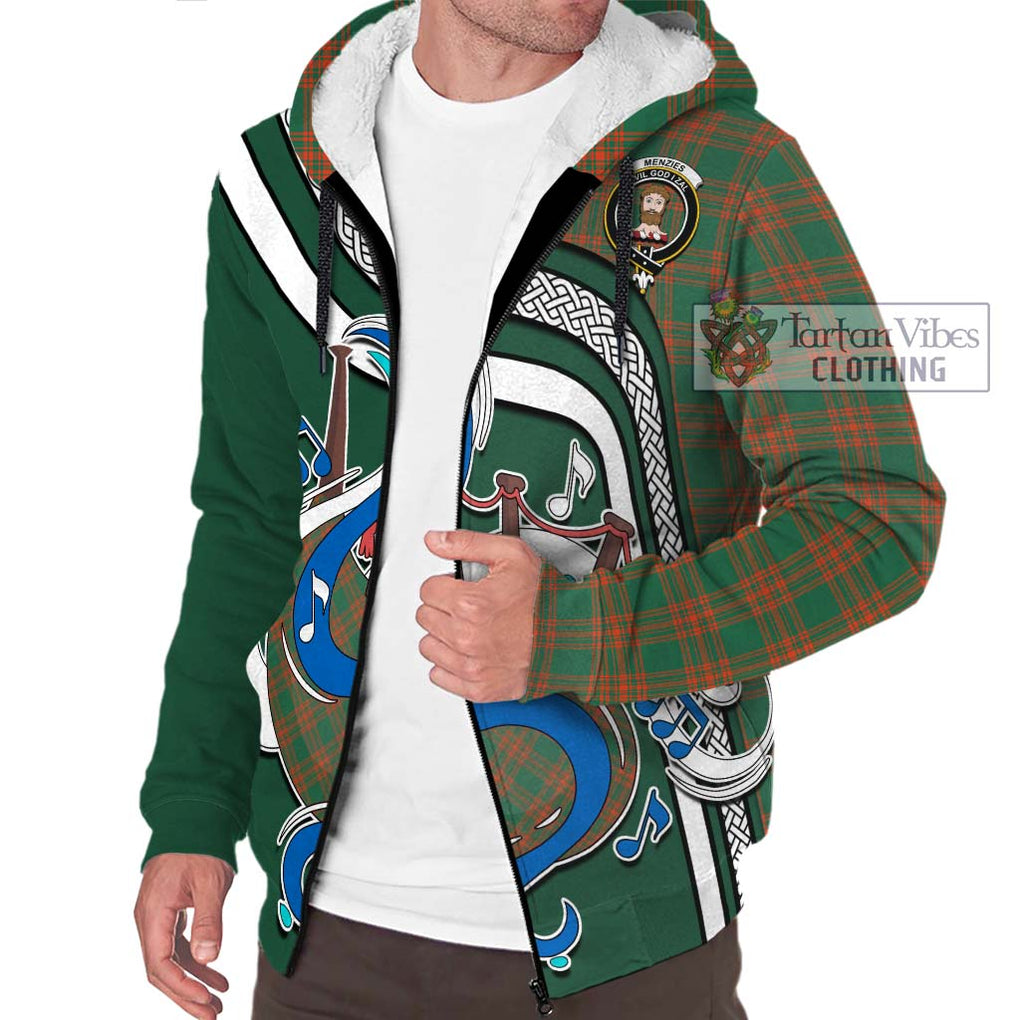 Menzies Green Ancient Tartan Sherpa Hoodie with Epic Bagpipe Style Unisex - Tartanvibesclothing Shop