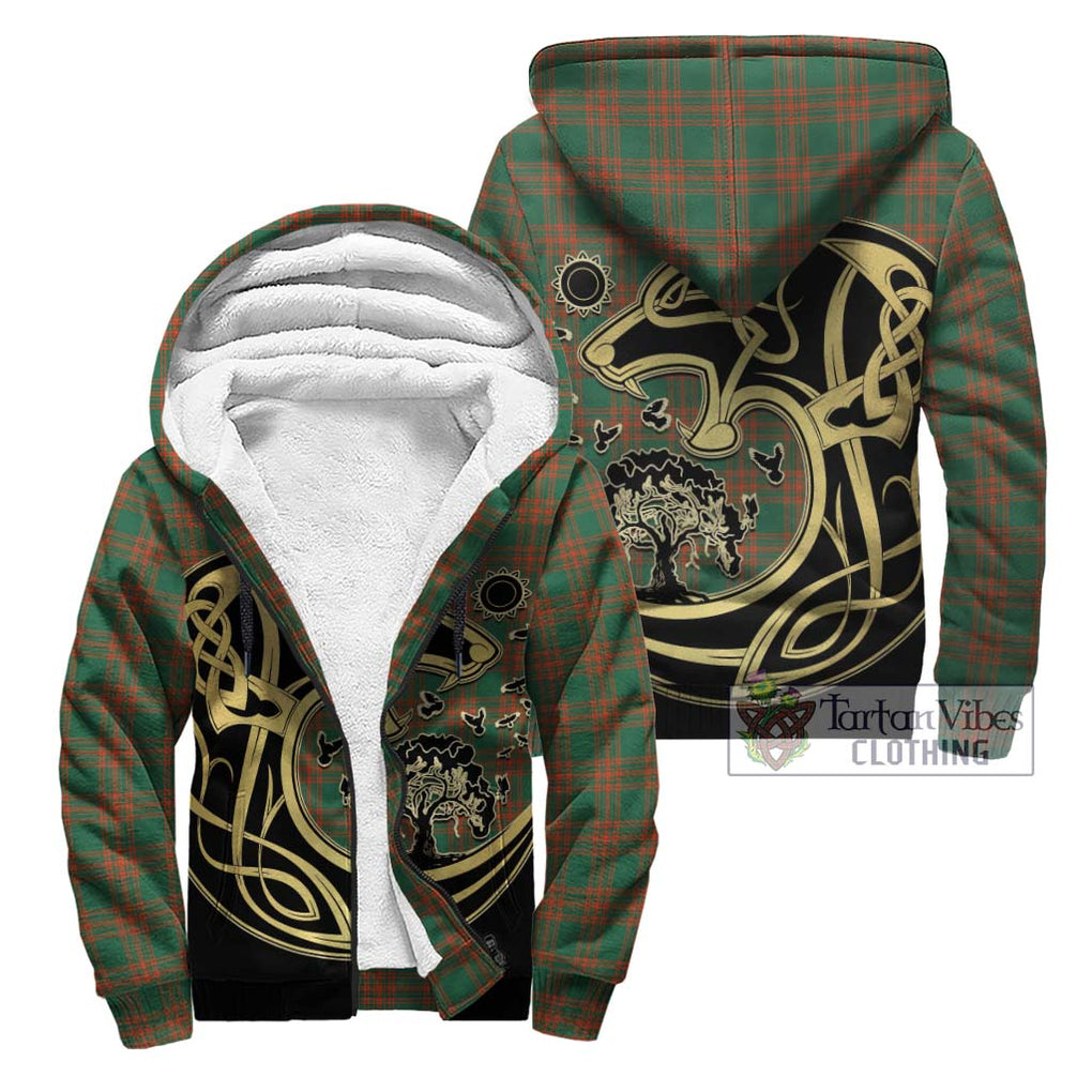 Menzies Green Ancient Tartan Sherpa Hoodie with Family Crest Celtic Wolf Style Unisex - Tartan Vibes Clothing