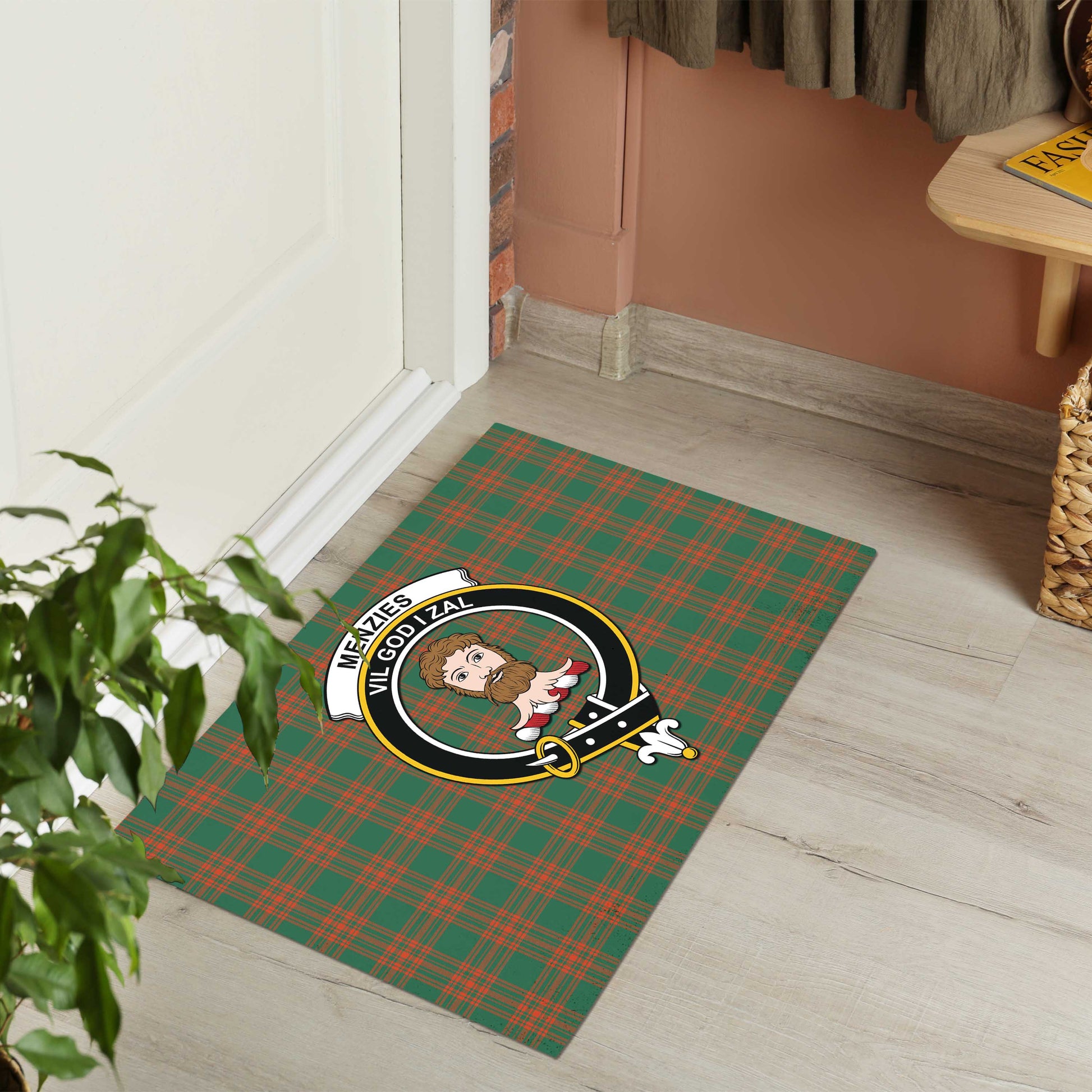 Menzies Green Ancient Tartan Door Mat with Family Crest - Tartanvibesclothing