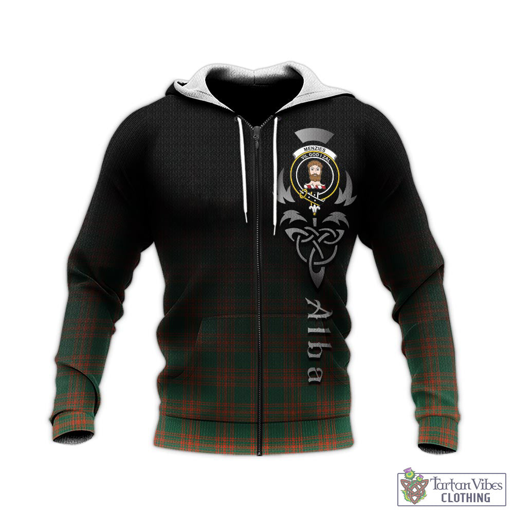 Tartan Vibes Clothing Menzies Green Ancient Tartan Knitted Hoodie Featuring Alba Gu Brath Family Crest Celtic Inspired