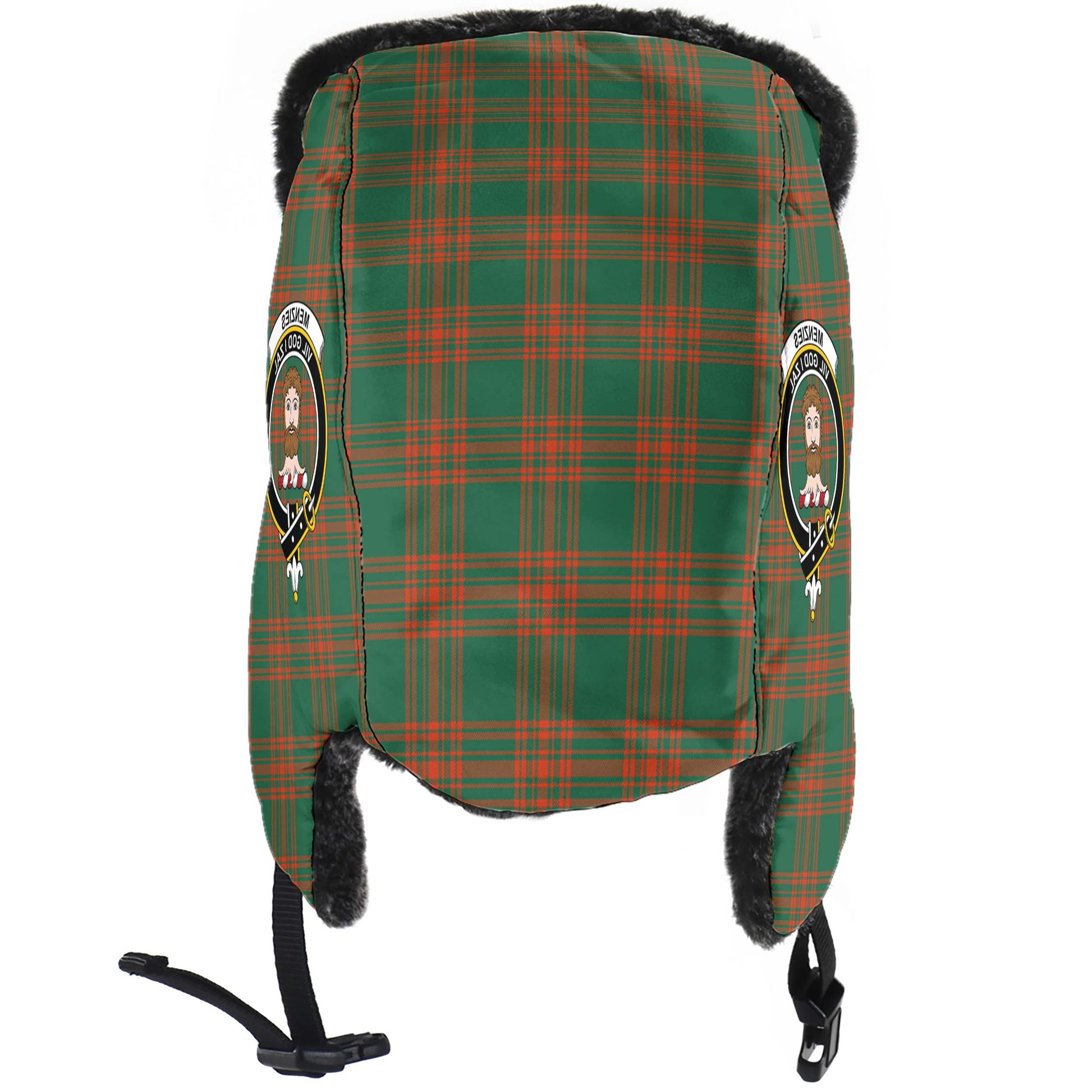 Menzies Green Ancient Tartan Winter Trapper Hat with Family Crest - Tartanvibesclothing