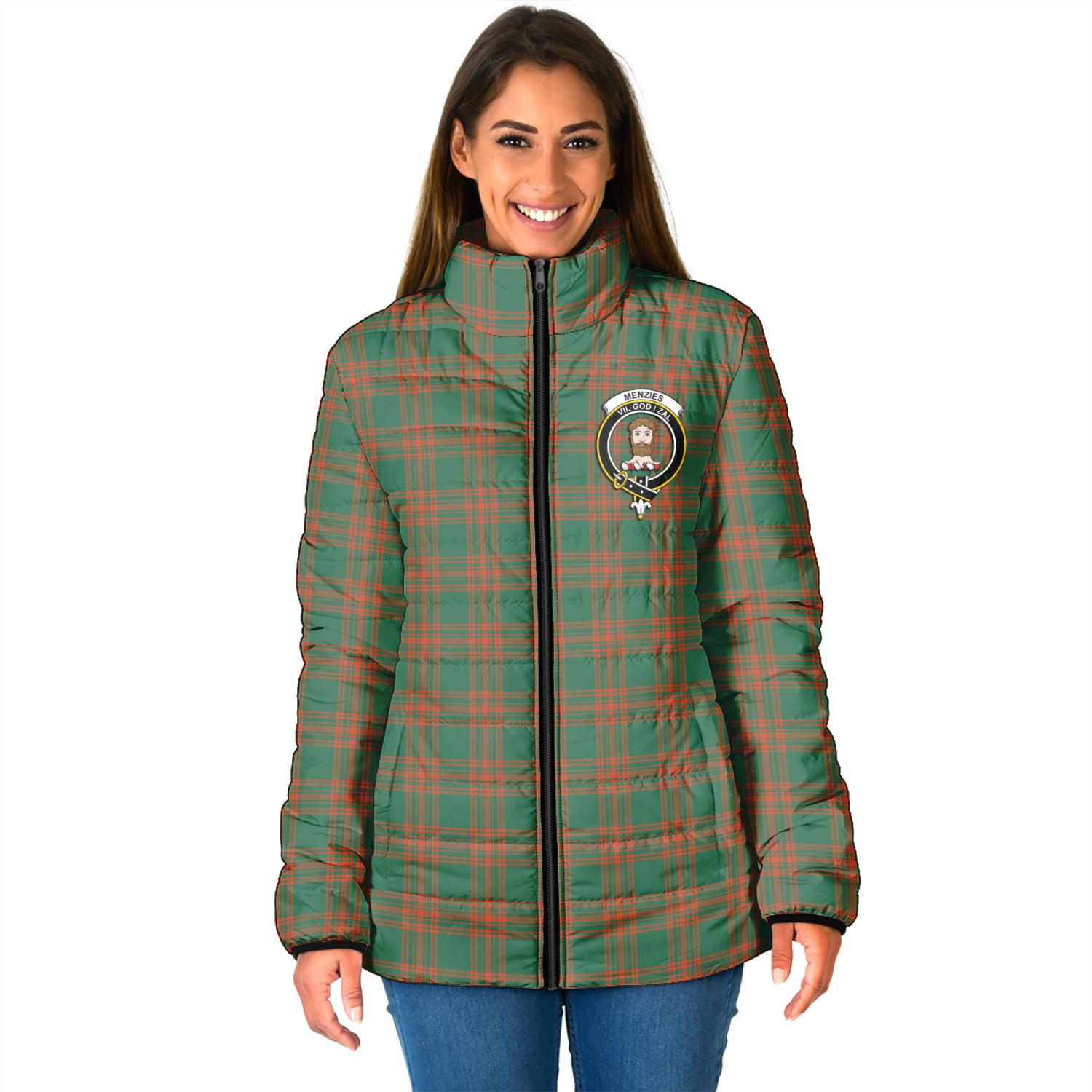 Menzies Green Ancient Tartan Padded Jacket with Family Crest - Tartan Vibes Clothing