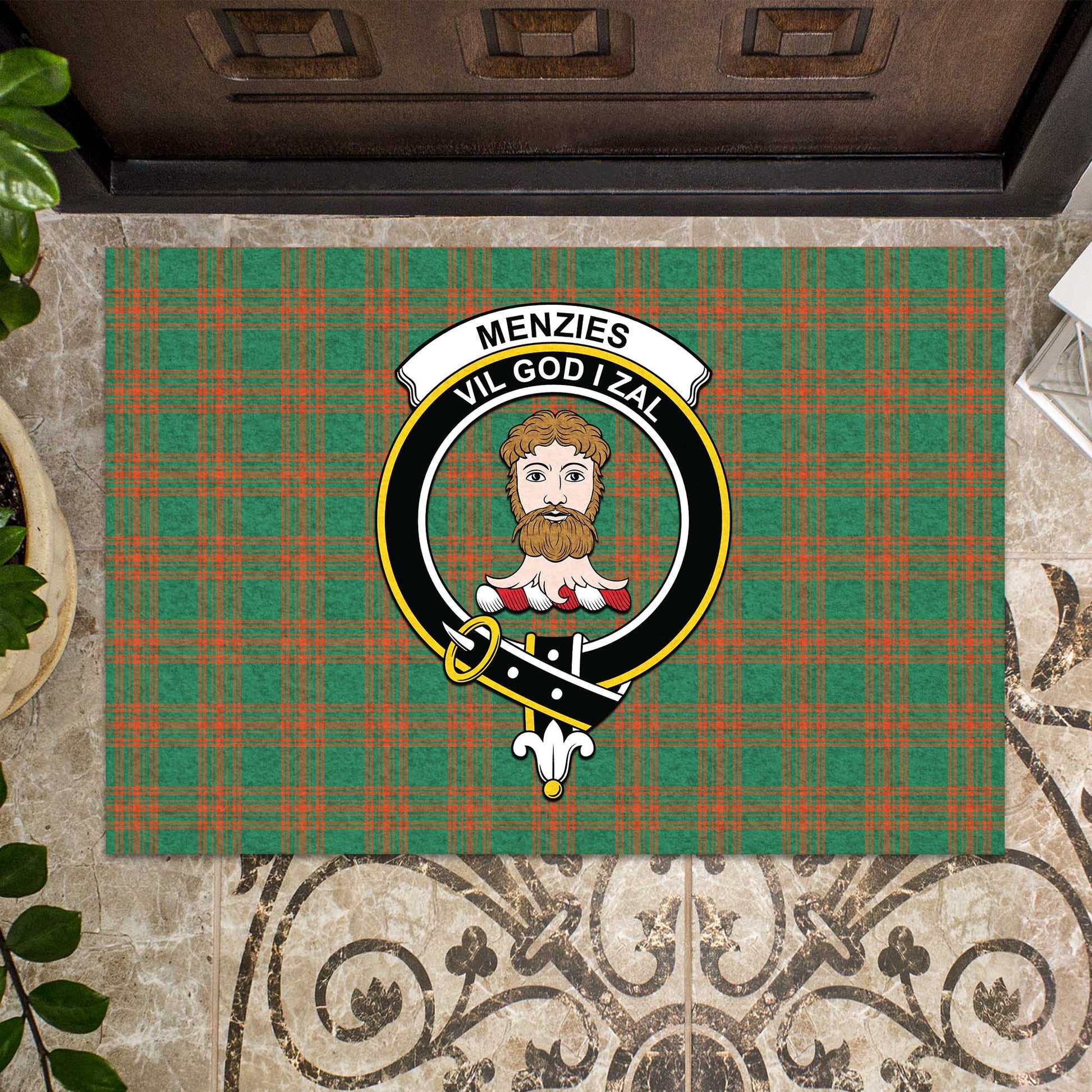 Menzies Green Ancient Tartan Door Mat with Family Crest - Tartanvibesclothing