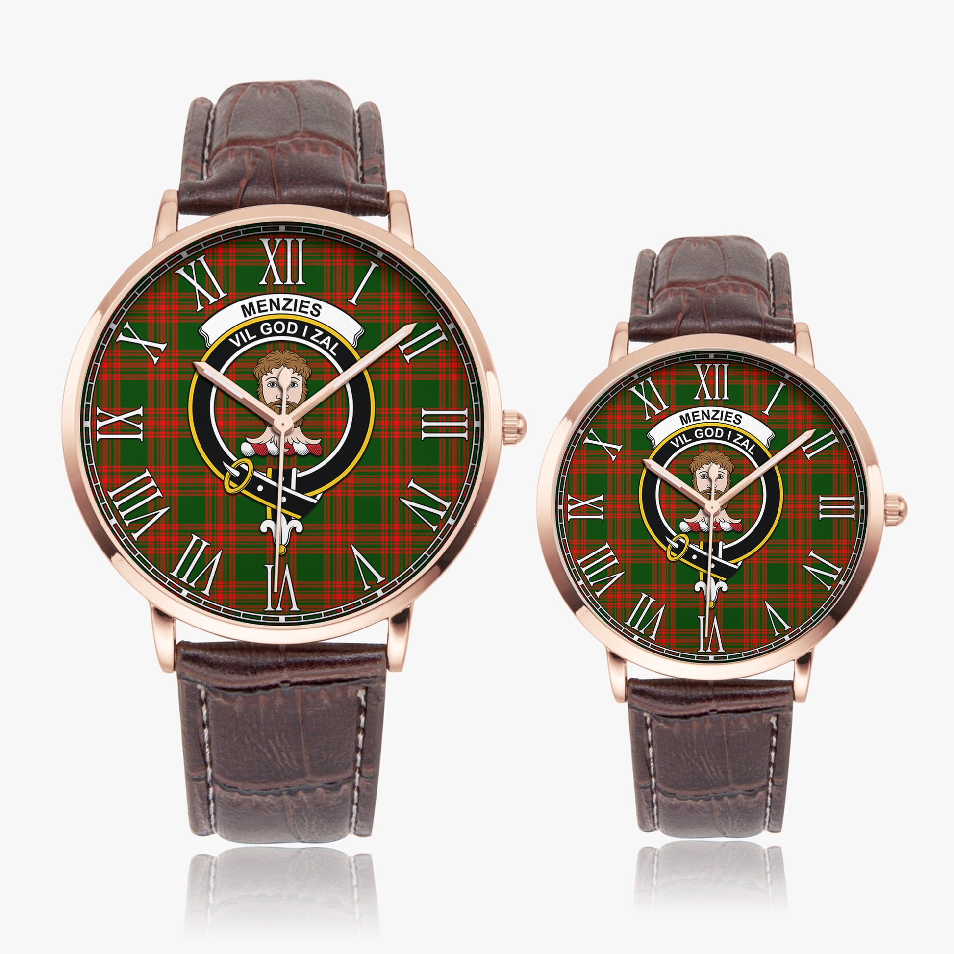 Menzies Green Modern Tartan Family Crest Leather Strap Quartz Watch - Tartanvibesclothing