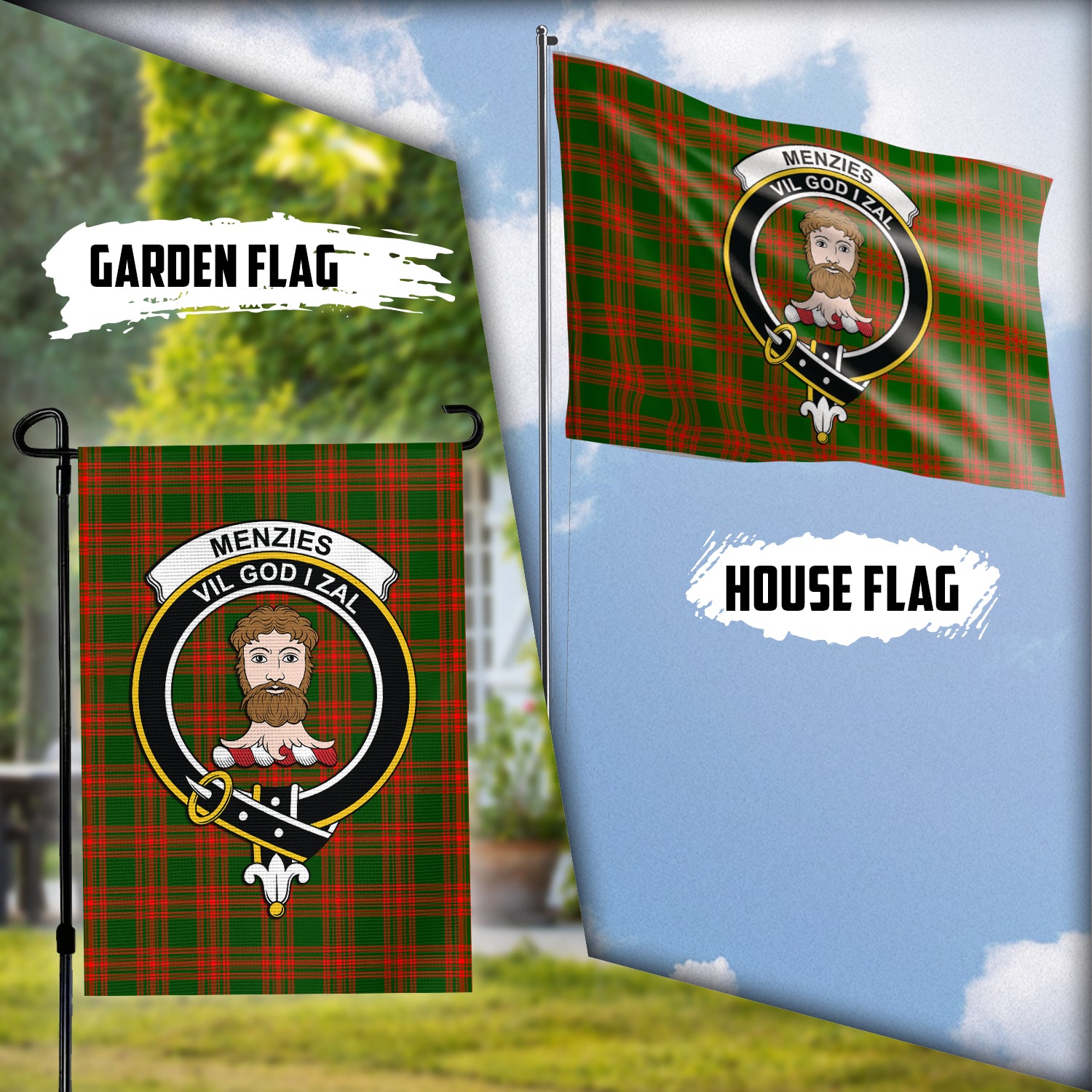 Menzies Green Modern Tartan Flag with Family Crest Garden Flag (Vertical) - Tartan Vibes Clothing