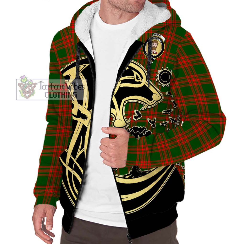 Menzies Green Modern Tartan Sherpa Hoodie with Family Crest Celtic Wolf Style Unisex S - Tartan Vibes Clothing