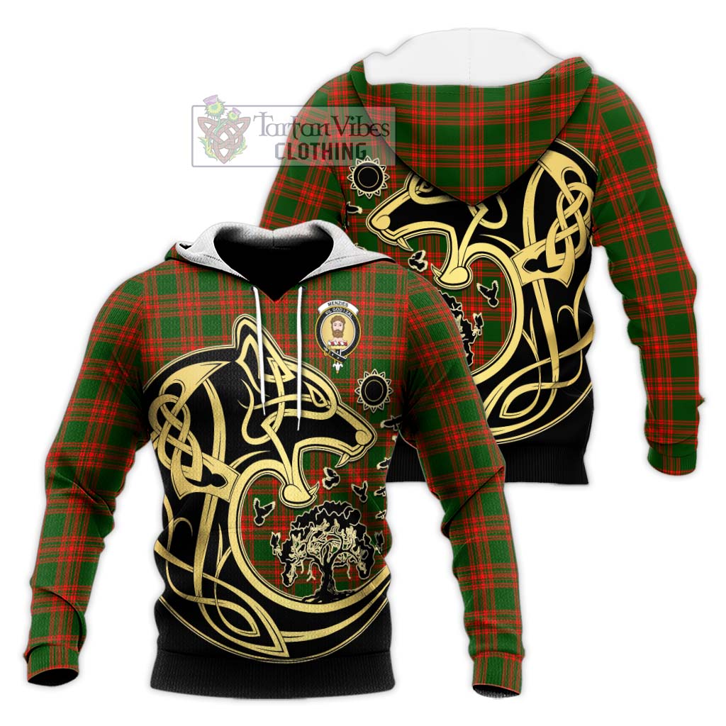 Tartan Vibes Clothing Menzies Green Modern Tartan Knitted Hoodie with Family Crest Celtic Wolf Style