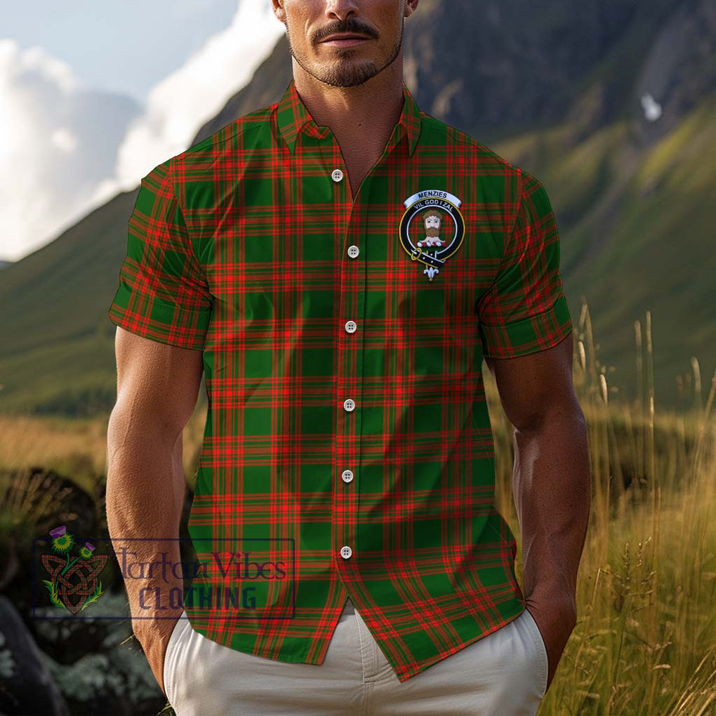 Menzies Green Modern Tartan Cotton Hawaiian Shirt with Family Crest Adult - Tartan Vibes Clothing