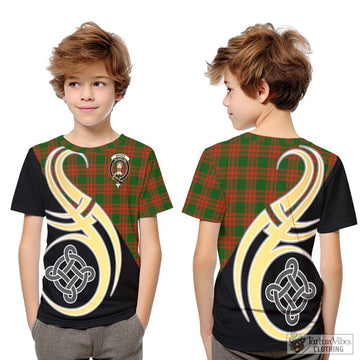 Menzies Green Modern Tartan Kid T-Shirt with Family Crest and Celtic Symbol Style