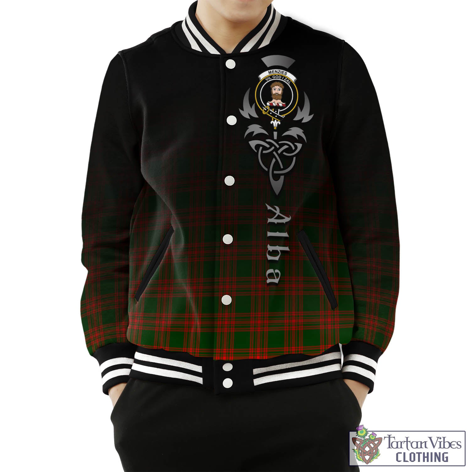 Tartan Vibes Clothing Menzies Green Modern Tartan Baseball Jacket Featuring Alba Gu Brath Family Crest Celtic Inspired