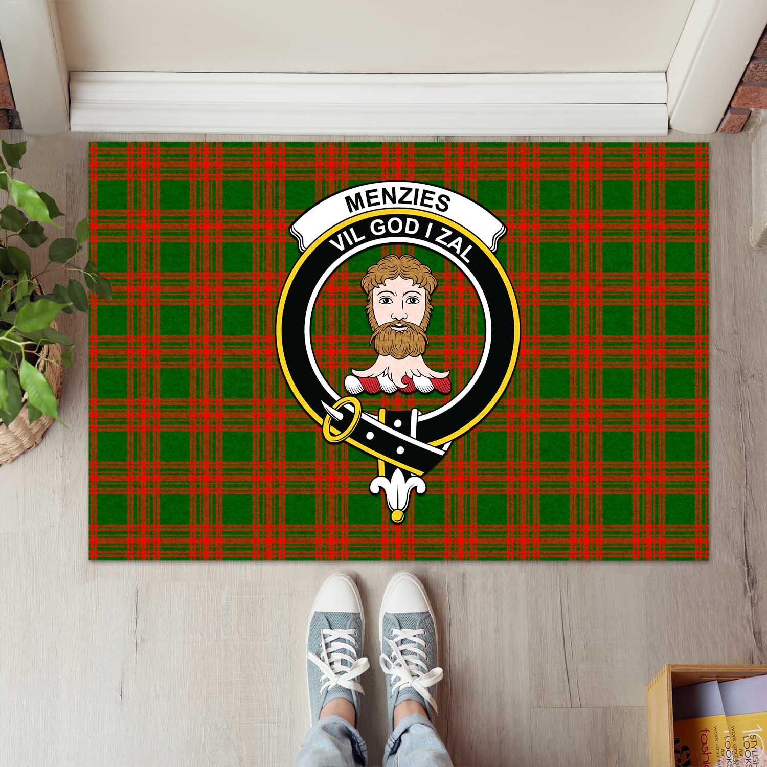 Menzies Green Modern Tartan Door Mat with Family Crest - Tartanvibesclothing