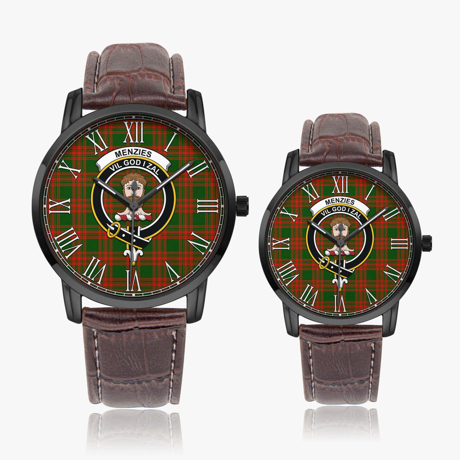 Menzies Green Modern Tartan Family Crest Leather Strap Quartz Watch - Tartanvibesclothing