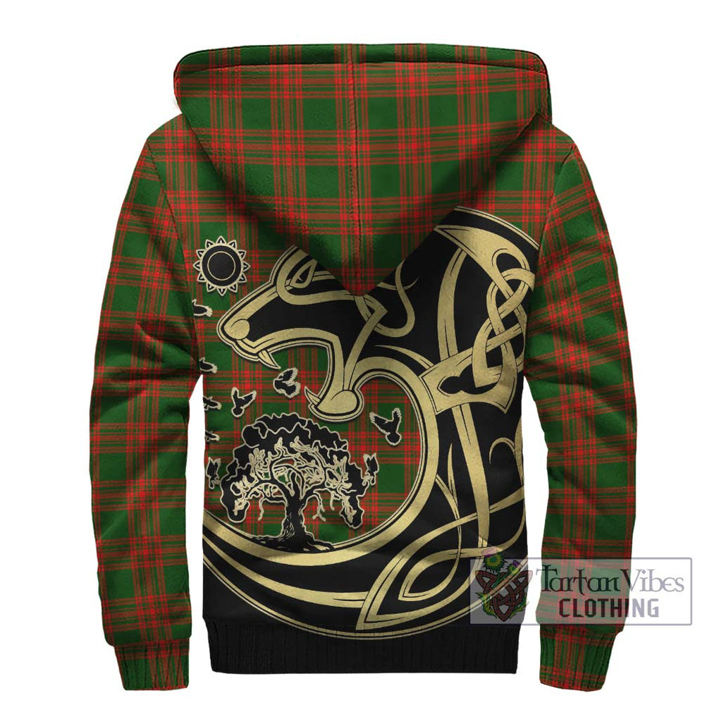 Menzies Green Modern Tartan Sherpa Hoodie with Family Crest Celtic Wolf Style - Tartan Vibes Clothing