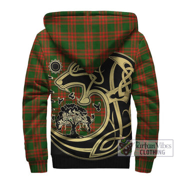 Menzies Green Modern Tartan Sherpa Hoodie with Family Crest Celtic Wolf Style