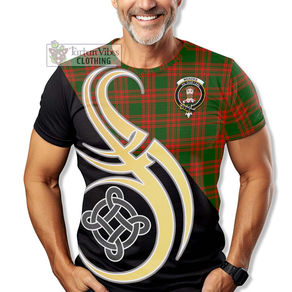 Tartan Vibes Clothing Menzies Green Modern Tartan T-Shirt with Family Crest and Celtic Symbol Style