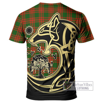 Menzies Green Modern Tartan T-Shirt with Family Crest Celtic Wolf Style